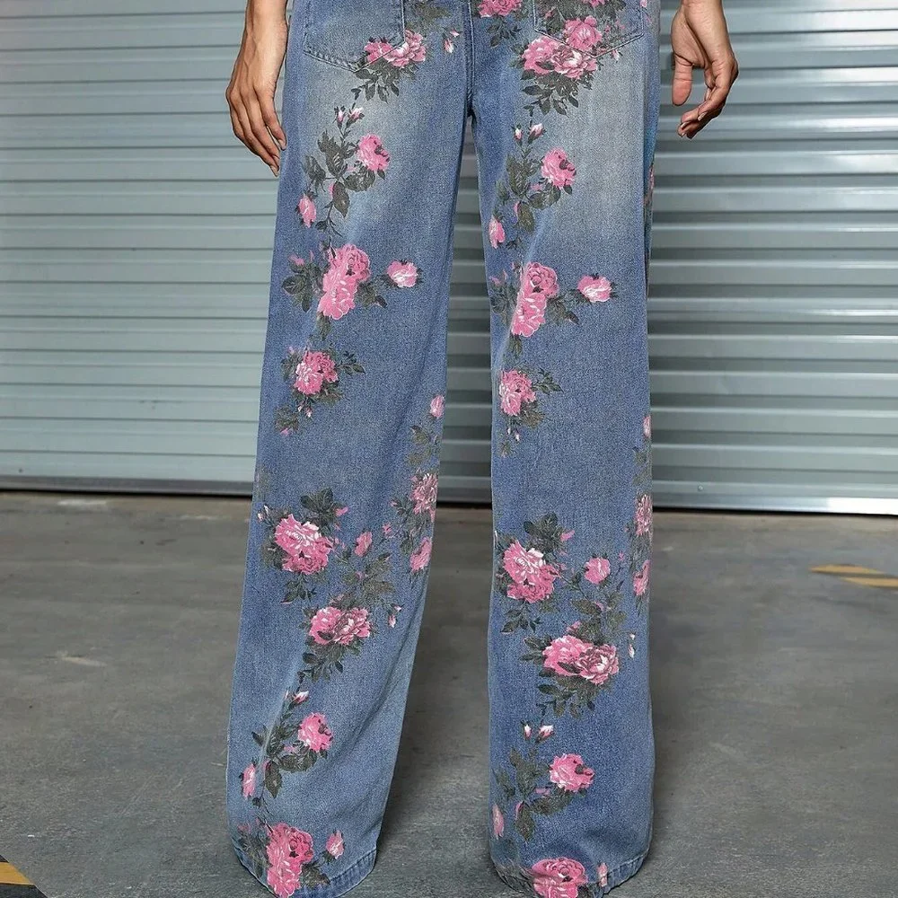 Blue Vintage Womens Floral Print Slant Pocket Straight Leg Jeans - Picture 3 of 5